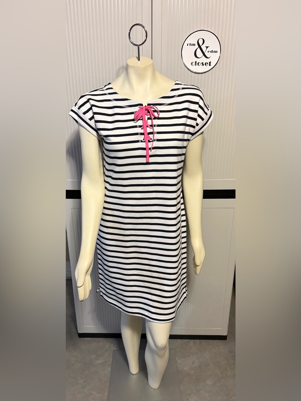 T by Talbots Navy and White Striped Knit T-Shirt Dress with Pink Tie